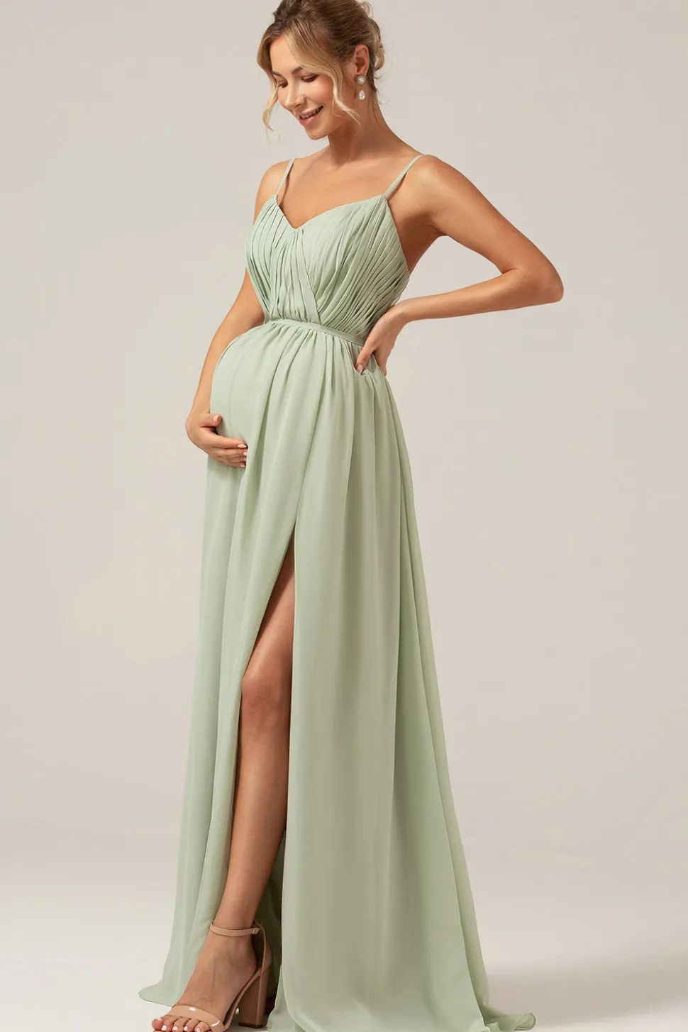 Dusty Sage A-Line Espaghetti Correias Chiffon Long Vestido de Dama de Honra com Fenda