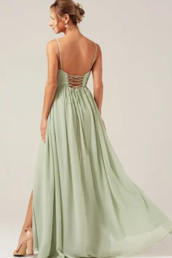 Dusty Sage A-Line Espaghetti Correias Chiffon Long Vestido de Dama de Honra com Fenda
