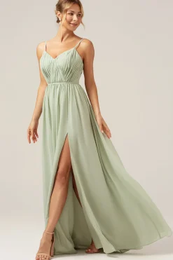 Dusty Sage A-Line Espaghetti Correias Chiffon Long Vestido de Dama de Honra com Fenda