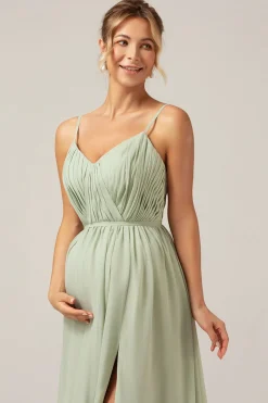 Dusty Sage A-Line Espaghetti Correias Chiffon Long Vestido de Dama de Honra com Fenda