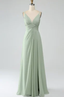 Dusty Sage A-Line Esparguete Correias plissado Chiffon Vestido Longo Madrinha