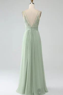Dusty Sage A-Line Esparguete Correias plissado Chiffon Vestido Longo Madrinha