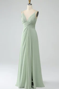 Dusty Sage A-Line Esparguete Correias plissado Chiffon Vestido Longo Madrinha