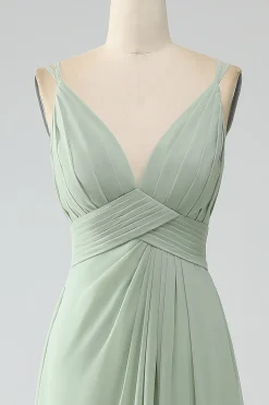 Dusty Sage A-Line Esparguete Correias plissado Chiffon Vestido Longo Madrinha