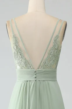Dusty Sage A-Line Esparguete Correias plissado Chiffon Vestido Longo Madrinha