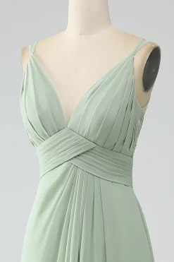 Dusty Sage A-Line Esparguete Correias plissado Chiffon Vestido Longo Madrinha