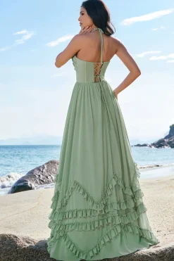 Dusty Sage A-Line Halter Corset babado longo Chiffon vestido de dama de honra com fenda