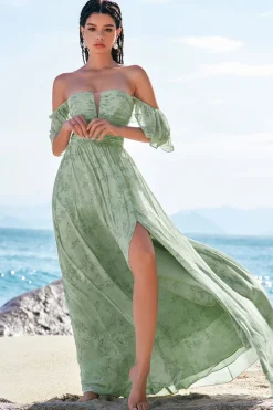 Dusty Sage A-Line Off Shoulder Print vestido longo dama de honra com fenda