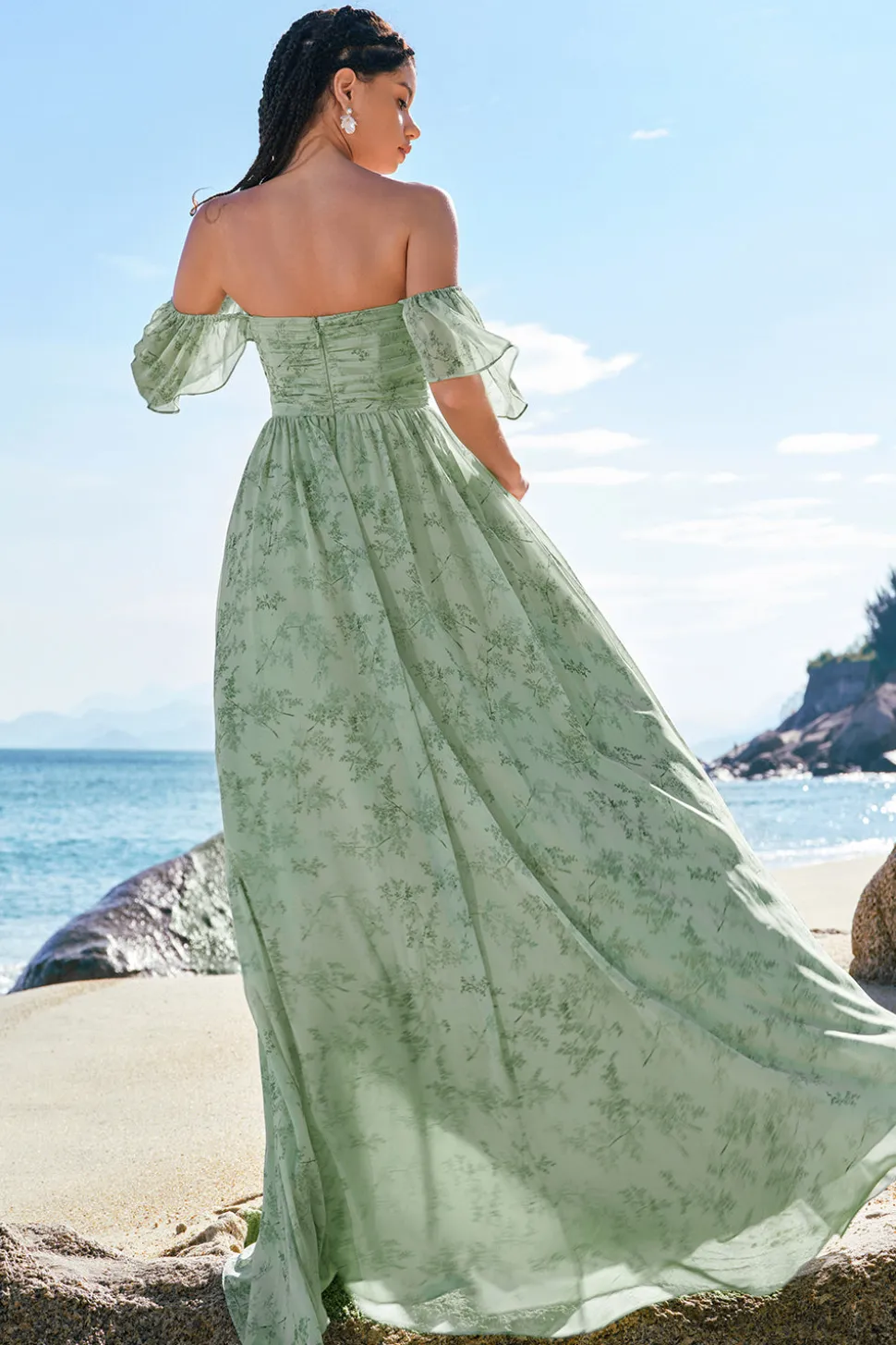 Dusty Sage A-Line Off Shoulder Print vestido longo dama de honra com fenda