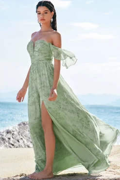 Dusty Sage A-Line Off Shoulder Print vestido longo dama de honra com fenda