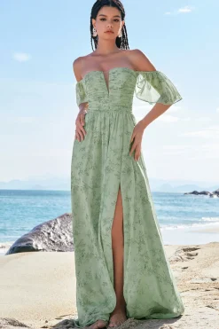 Dusty Sage A-Line Off Shoulder Print vestido longo dama de honra com fenda