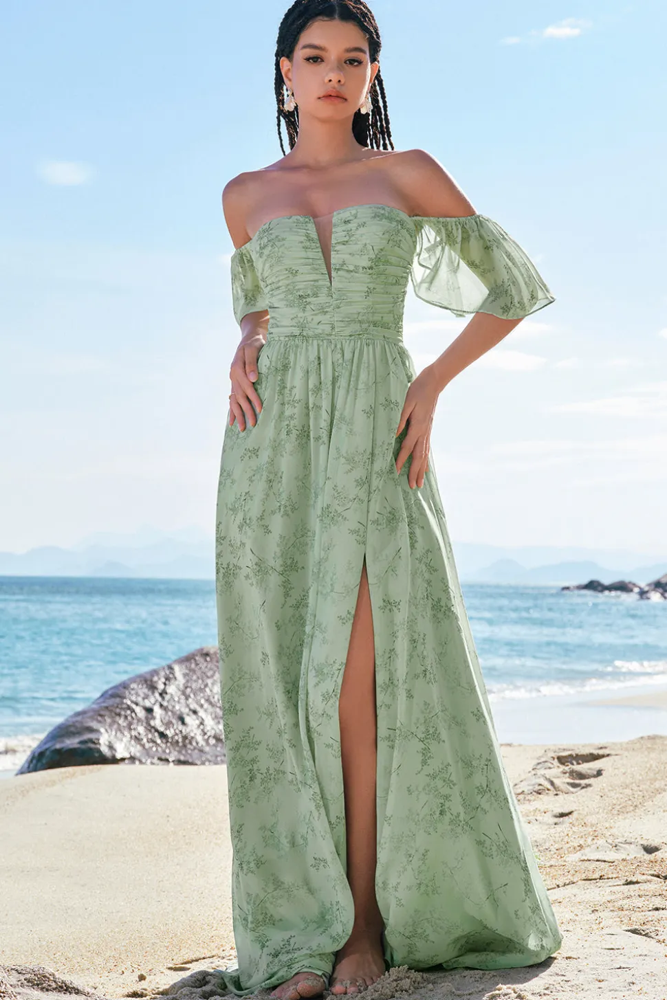 Dusty Sage A-Line Off Shoulder Print vestido longo dama de honra com fenda