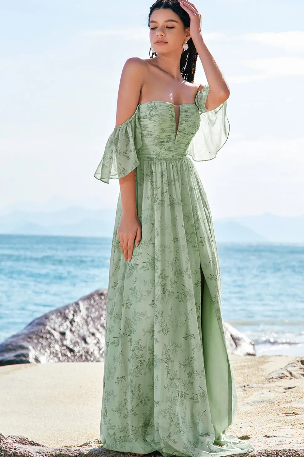 Dusty Sage A-Line Off Shoulder Print vestido longo dama de honra com fenda