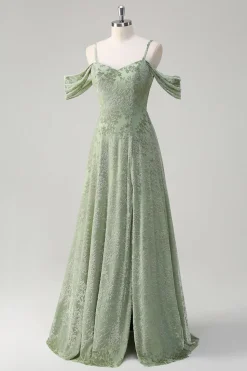 Dusty Sage A-Line Ombro frio Jacquard vestido longo dama de honra com fenda
