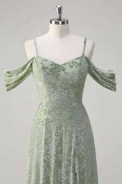 Dusty Sage A-Line Ombro frio Jacquard vestido longo dama de honra com fenda