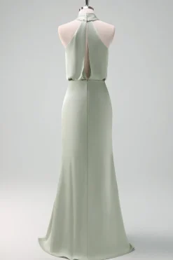 Dusty Sage Bainha Halter Pescoço Cetim Long Vestido Madrinha