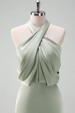 Dusty Sage Bainha Halter Pescoço Cetim Long Vestido Madrinha