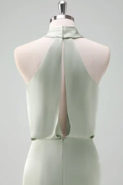 Dusty Sage Bainha Halter Pescoço Cetim Long Vestido Madrinha