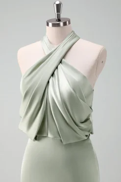 Dusty Sage Bainha Halter Pescoço Cetim Long Vestido Madrinha
