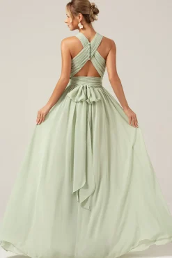 Dusty Sage Boho Chiffon vestido longo da dama de honra com botão de volta