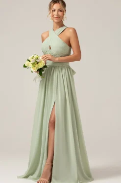 Dusty Sage Boho Chiffon vestido longo da dama de honra com botão de volta