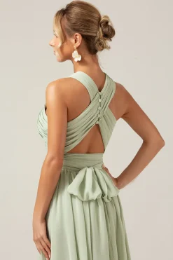 Dusty Sage Boho Chiffon vestido longo da dama de honra com botão de volta