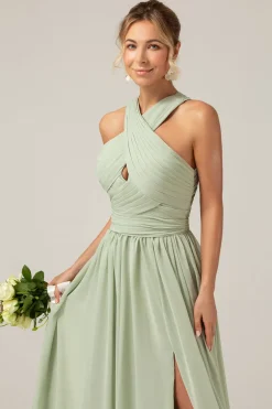 Dusty Sage Boho Chiffon vestido longo da dama de honra com botão de volta