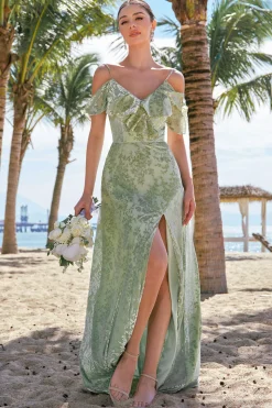 Dusty Sage Cold Shoulder Velvet vestido de dama de honra estampado com fenda