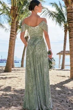 Dusty Sage Cold Shoulder Velvet vestido de dama de honra estampado com fenda