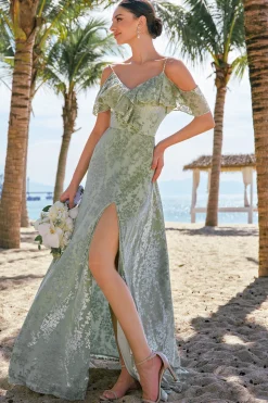 Dusty Sage Cold Shoulder Velvet vestido de dama de honra estampado com fenda