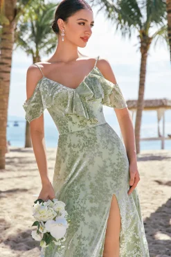 Dusty Sage Cold Shoulder Velvet vestido de dama de honra estampado com fenda