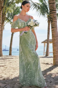 Dusty Sage Cold Shoulder Velvet vestido de dama de honra estampado com fenda