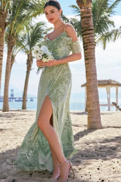 Dusty Sage Cold Shoulder Velvet vestido de dama de honra estampado com fenda