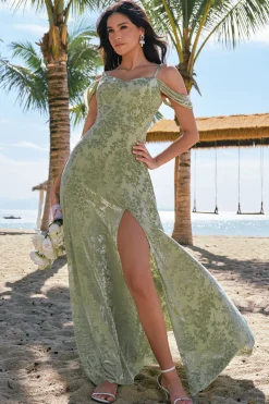 Dusty Sage Cold Shoulder A-Line Jacquard vestido longo dama de honra com fenda