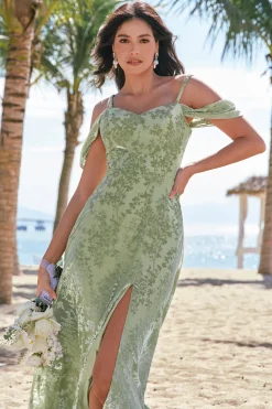 Dusty Sage Cold Shoulder A-Line Jacquard vestido longo dama de honra com fenda