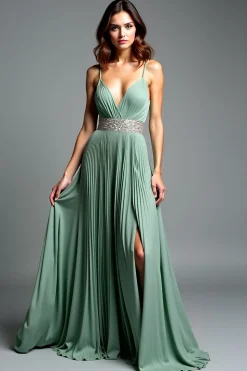 Dusty Sage Esparguete Correias Ruched A Line Prom Dress com Fenda