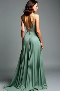 Dusty Sage Esparguete Correias Ruched A Line Prom Dress com Fenda