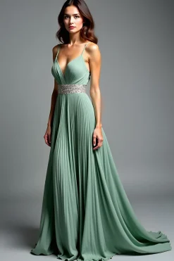 Dusty Sage Esparguete Correias Ruched A Line Prom Dress com Fenda