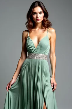 Dusty Sage Esparguete Correias Ruched A Line Prom Dress com Fenda