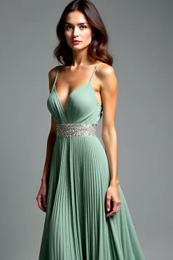 Dusty Sage Esparguete Correias Ruched A Line Prom Dress com Fenda