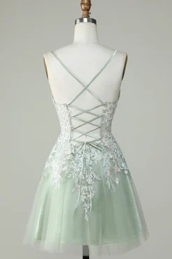 Dusty Sage Esparguete Correias Homecoming Vestido Com Criss Cross Back