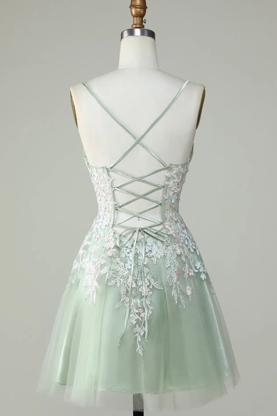 Dusty Sage Esparguete Correias Homecoming Vestido Com Criss Cross Back