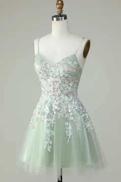 Dusty Sage Esparguete Correias Homecoming Vestido Com Criss Cross Back