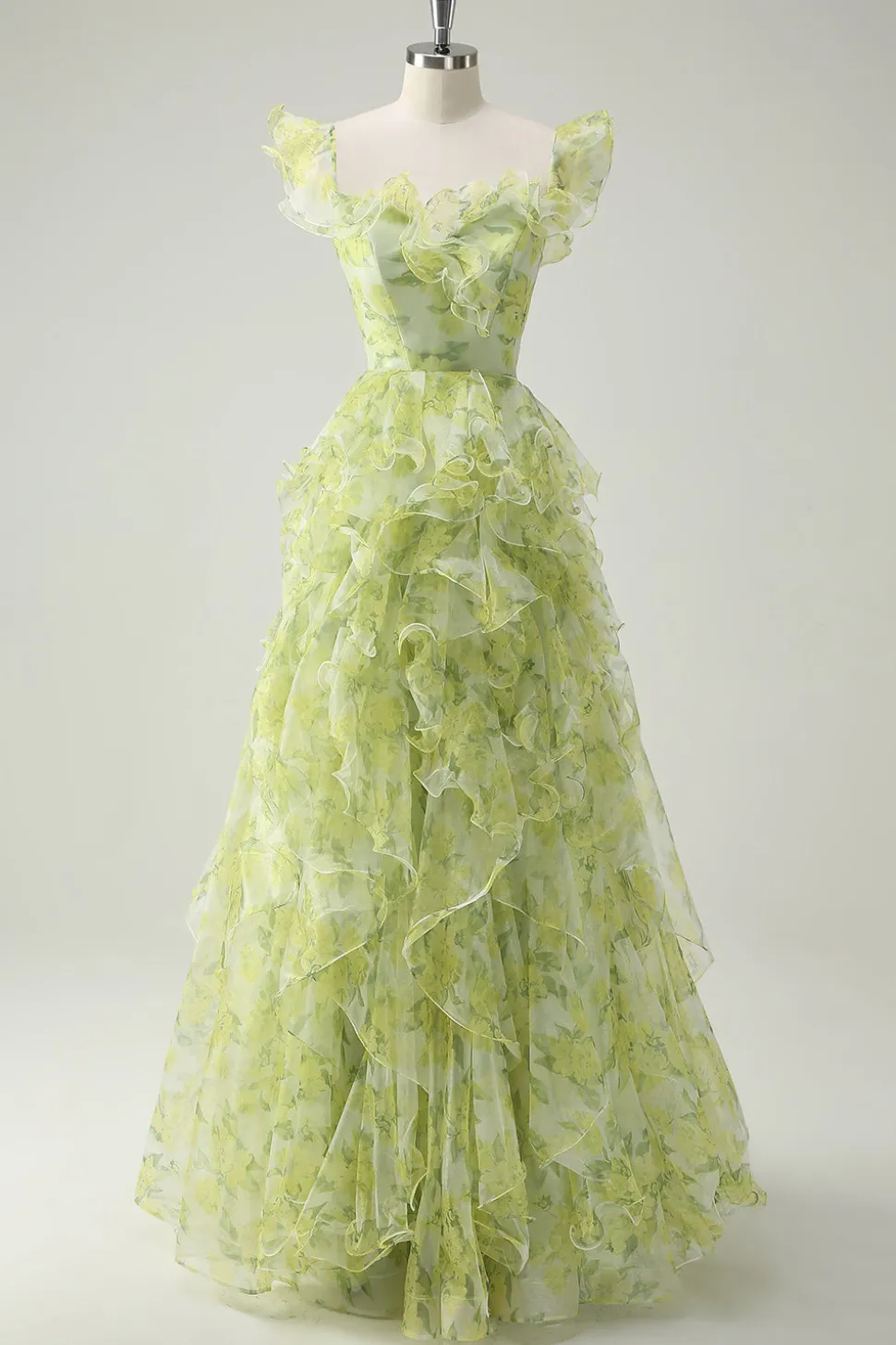 Dusty Sage Floral babado A-Line Square Neck Long Prom Dress