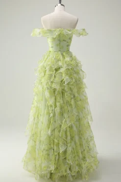 Dusty Sage Floral babado A-Line Square Neck Long Prom Dress