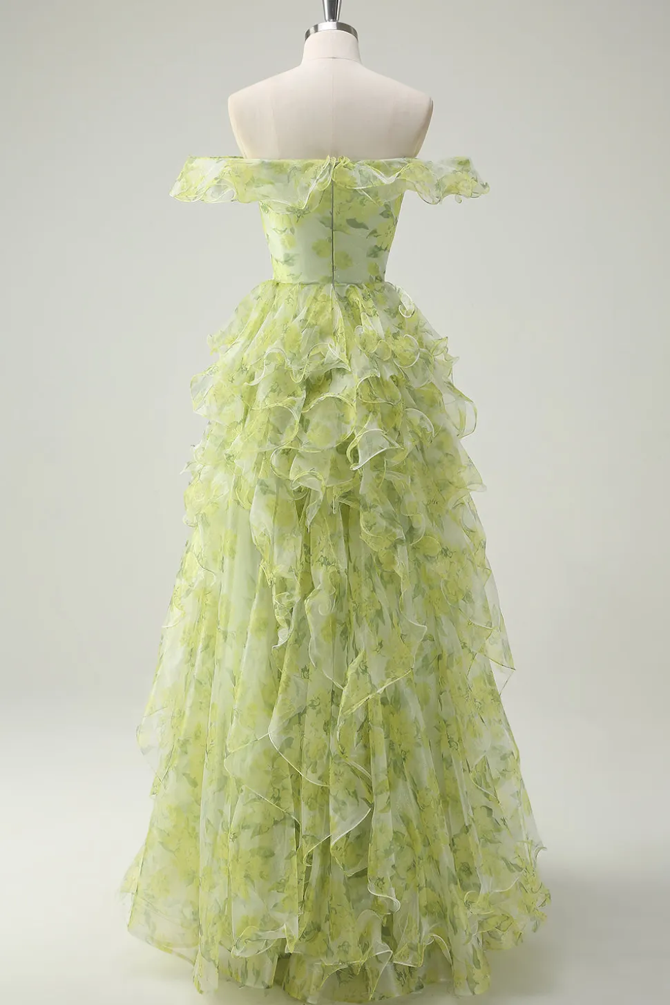 Dusty Sage Floral babado A-Line Square Neck Long Prom Dress