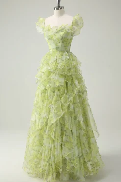 Dusty Sage Floral babado A-Line Square Neck Long Prom Dress