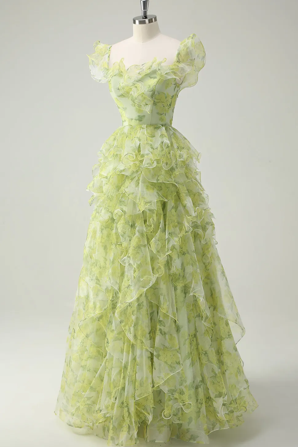 Dusty Sage Floral babado A-Line Square Neck Long Prom Dress