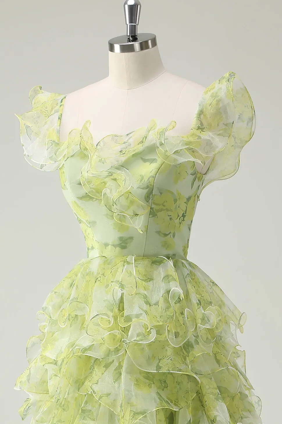 Dusty Sage Floral babado A-Line Square Neck Long Prom Dress