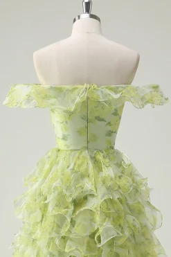 Dusty Sage Floral babado A-Line Square Neck Long Prom Dress